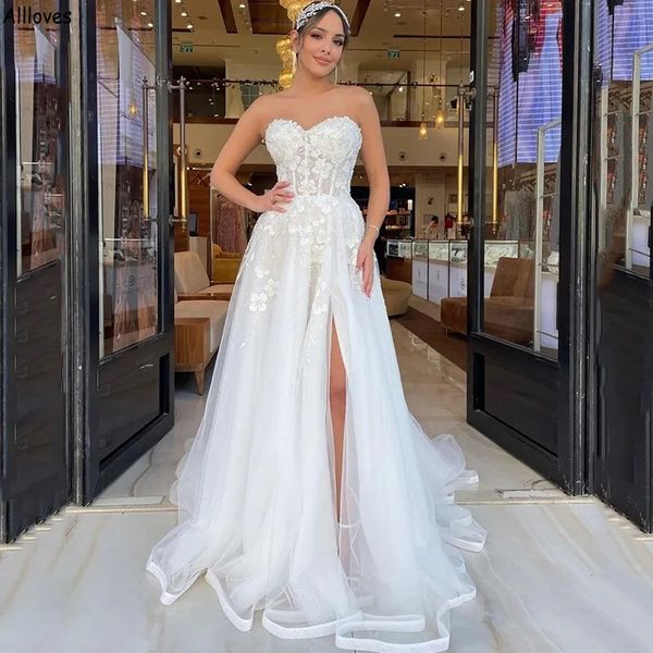 

plus size maternity a line wedding dresses romantic tulle lace appliqued arabic aso ebi vestidos de novia sweetheart thigh split backless br, White