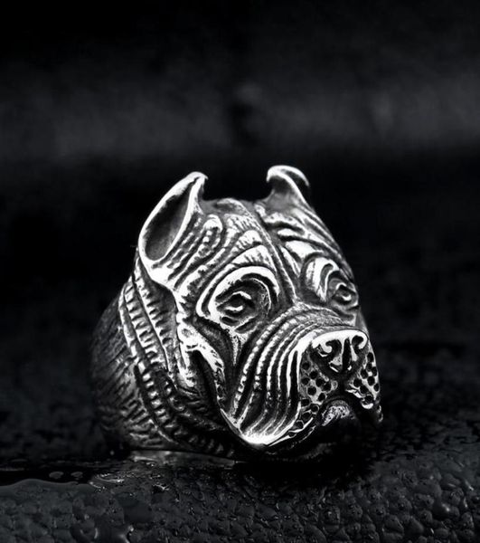 

men039s vintage stainless steel ring viking pitbull bulldog gothic pug dog head totem amulet punk animal jewellery for men boys5509422, Silver