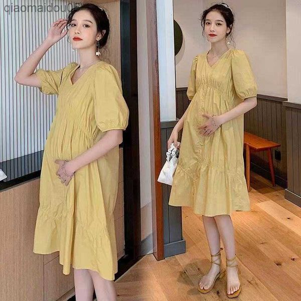 

women high waist clothes wear yellow summer maternity dress v neck casual loose dresses sweet women pregnant clothing l230712, White