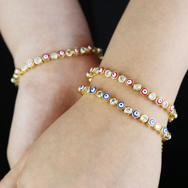 

colorful red blue eye zircon bracelet women men hip hop iced out bling cubic zirconia couple jewelry gift, Golden;silver