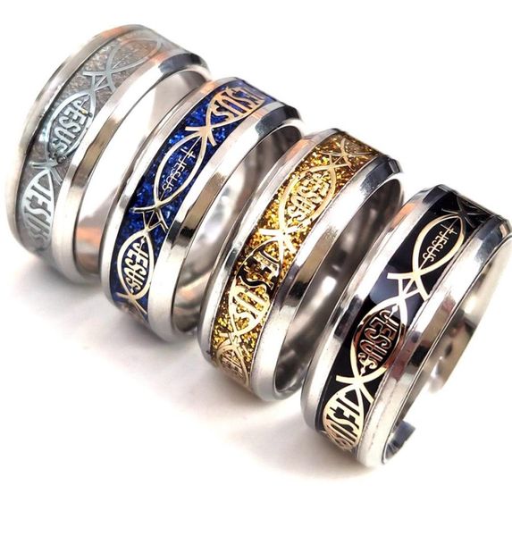 

bulk lots 50pcslot mix jesus letter 316l stainless steel ring for religious fish men women wedding jewelry male female fashio7492170, Silver