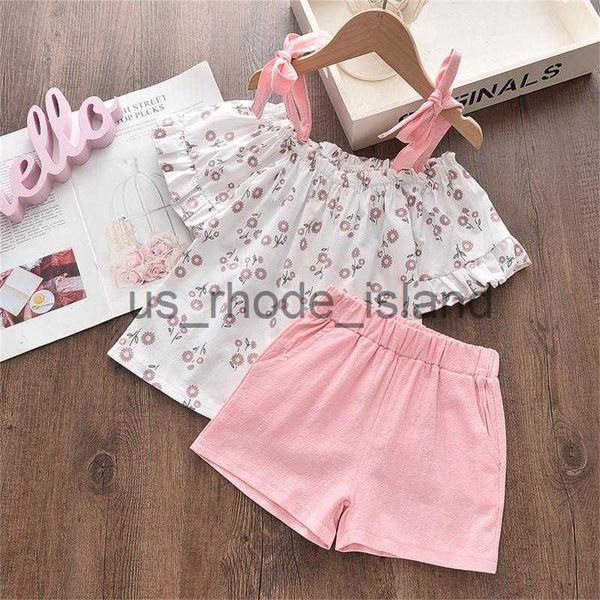 

clothing sets clothing sets 18m-6y summer kids suit toddler baby girls casual princess sling off shoulder floral t-shirt +shorts girl outfit, White