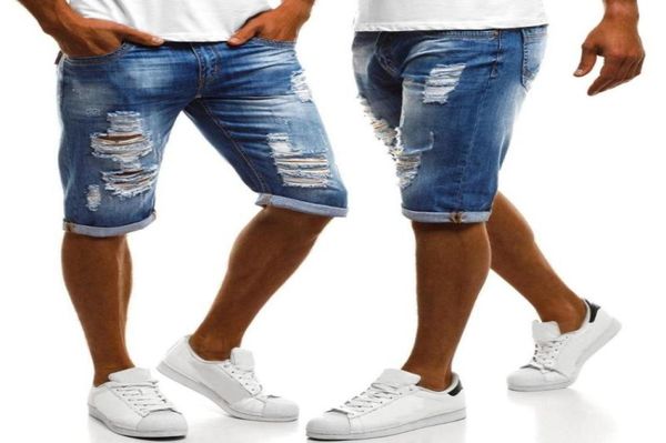 

2020 summer new mens solid color short jeans male hip hop flanged jeans ripped slim denim jean shorts for men pantalon homme2325977, Blue