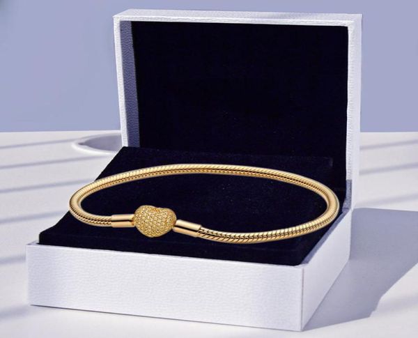 

yellow gold plated pave heart clasp charm bracelet with original box for real sterling silver wedding jewelry for women girls chain charms b, Golden;silver