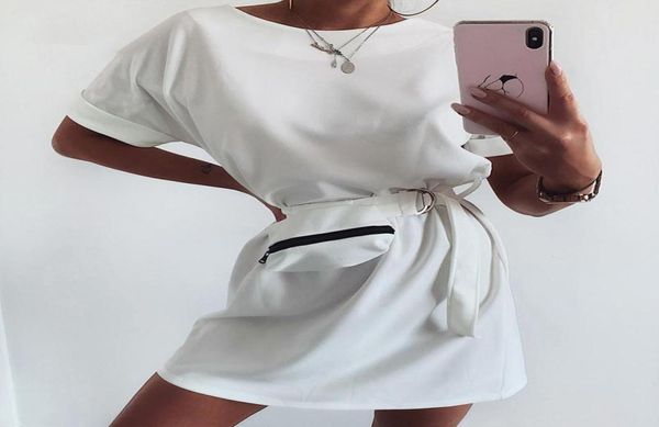 

womens o neck summer casual with sashes dress aline loose short sleeve dresses female 2020 fashion lady dress white black1766076, Black;gray