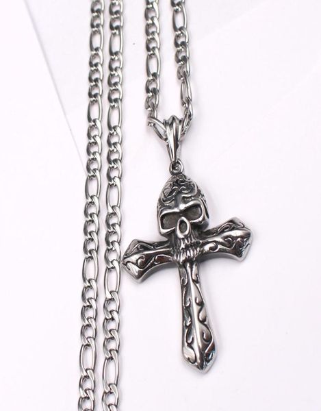 

father gifts husband gifts men 316l stainless steel large biker cross skull punk design necklace pendant 6mm 24 inch nk chain sil5208648, Silver