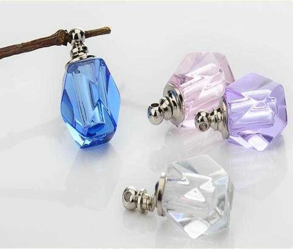 

100pcslot 1015mm screw cap rhombus vial pendant pink crystal perfume bottle necklace pendant charms name or rice art g09277335048, Silver
