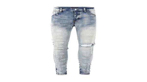 

mens jeans european and american street style cashew flower print light blue washed pleated casual slim pants for teenagers5437059