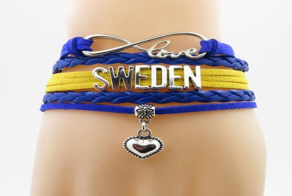 

infinity love sweden bracelet sweden country flag bracelet heart charm leather wrap bracelet bangle for woman and man8888052, Golden;silver