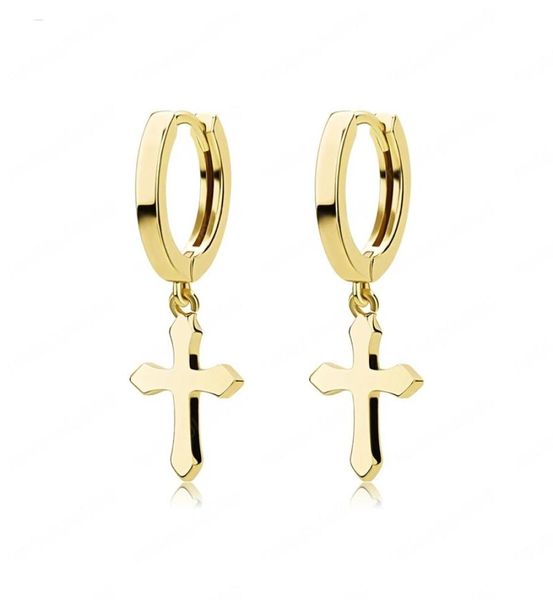 

stainless steel cross earring classic minimalist gold color dangling cross hoop earrings for men women jewelry3043479, Golden;silver
