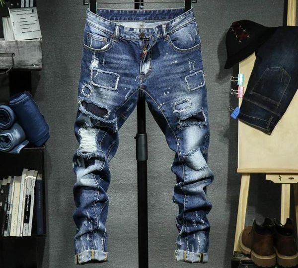 

men039s jeans fashion ripped men patchwork hollow out pants man cowboys demin male3531331, Blue