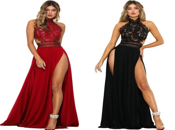 

fit and flare halter lace crochet maxi dresses long sheer backless back zip side split dresses for floor dress women1865584, Black