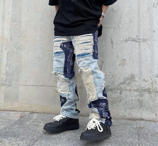 

men039s jeans spring y2k men39s vintage ripped clothes fashion trousers cross splicing streetwear straight baggy pants for m1142548, Blue