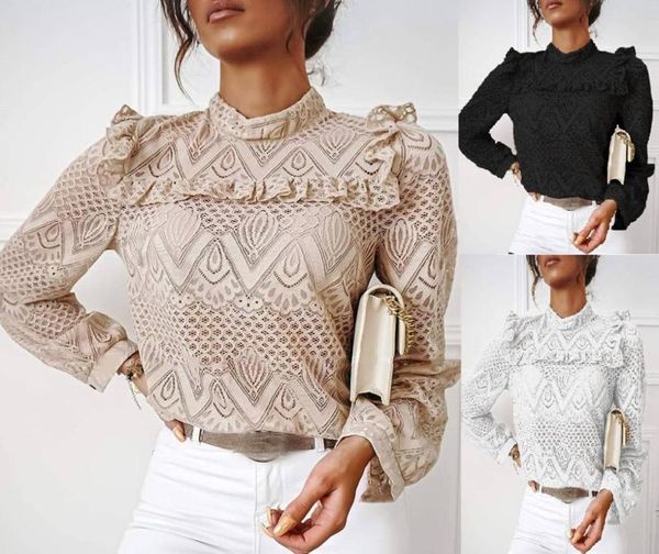 

women vintage lace ruffles o neck blouse shirts autumn elegant hollow out pullover office ladies casual solid color 8663900, White