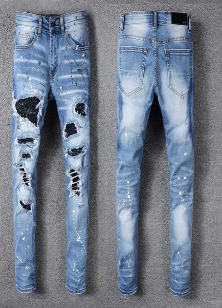 

luxury mens destroyed jeans rhine crystal patchwork light blue ripped jeans skinny stretch denim pants hip hop men8913244