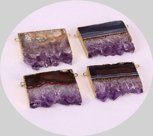 

amethyst slice double bail pendant with gold electroplated amethyst druzy quartz stone pendant connector charm amethyst jewelry p2126435, Silver