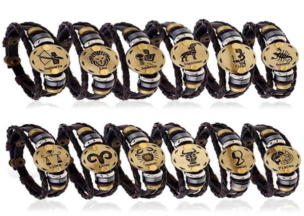 

vintage genuine leather 12 constellations charm bracelets men039s zodiac braided rope wrap adjustable bangle for women punk diy7378127, Golden;silver