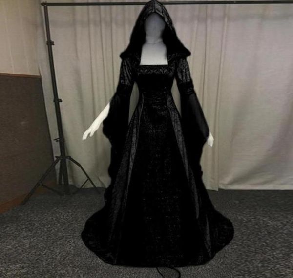 

women039s fashion long sleeve hooded medieval dress floor length cosplay dress robe femme maxi dresses women vestido l209285386, Black;gray