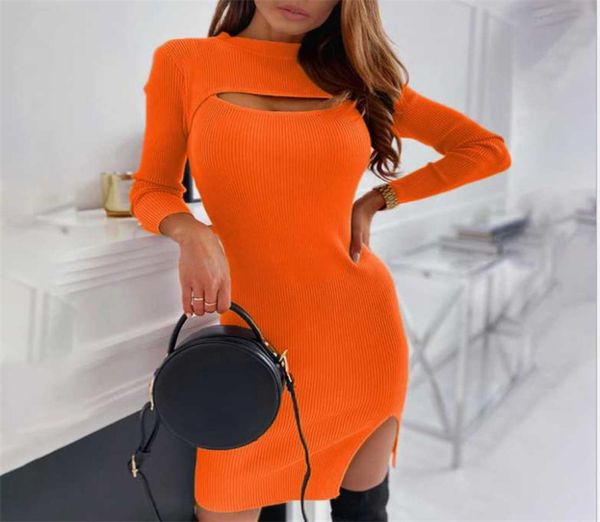 

chest hollow knitting round neck long sleeve casual shirt dresses woman dress women clothing short mini base tight slim bodycon7379429, Black;gray