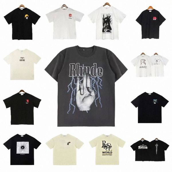 

new style rhude tshirt designer mens t shirts tide printed tee men women round neck short sleeve tshirt casual loose fashion high street hip, White;black