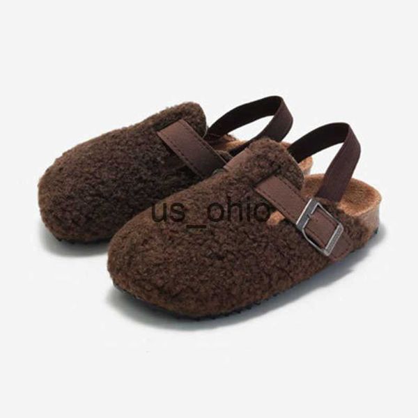 

slippers boys girls furry slippers winter warm plush cork sandals nonslip kids shoes elastic back strap casual home slippers chaussons j2307, Black