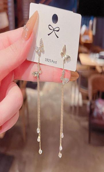 

stud korean style design sense microinlaid zircon butterfly earrings sweet and lovely long tassel for women4340912, Golden;silver