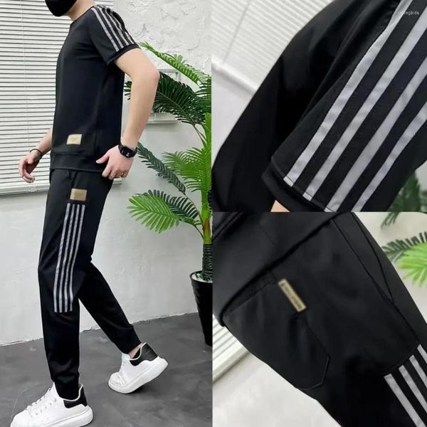 

men's tracksuits summer ice silk sports set for 2023 versatile slim stretch short sleeve leggings casual 2-piece, Gray