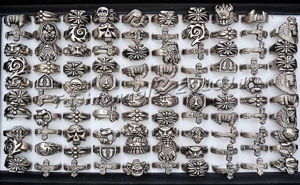 

100pcs gothic mixed styles carved biker silver tone alloy rings r382 new jewelry8488751