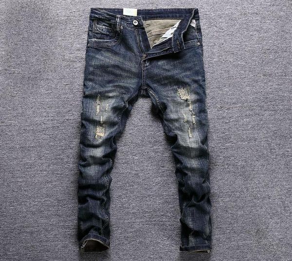 

men039s jeans italian style fashion men retro black blue elastic slim fit ripped embroidery designer casual cotton denim pants2504079