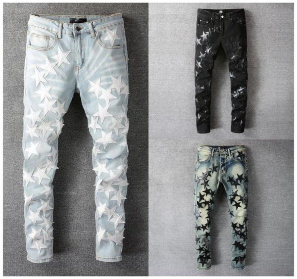 

streetwear designer patchwork jean men hip hop leather star stitching ripped jeans denim pant ripped tights7503536, Blue