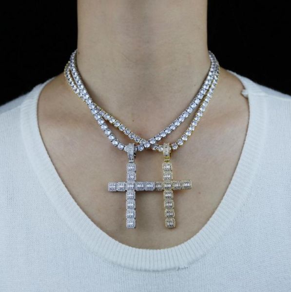 

iced out bling 5a cubic zirconia cross pendant women necklace tennis clavicle baguette cz choker hiphop gifts jewelry chains8670572, Silver