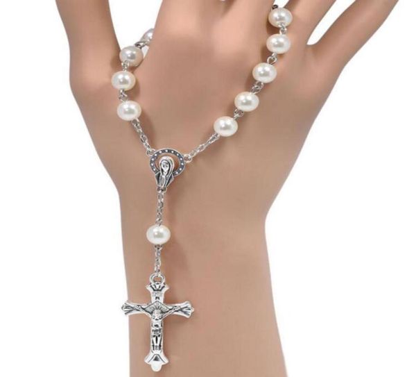 

new 8mm imitation pearl catholic rosary bracelet women religious christianity virgin mary jesus cross crucifix bracelet7881287, Golden;silver