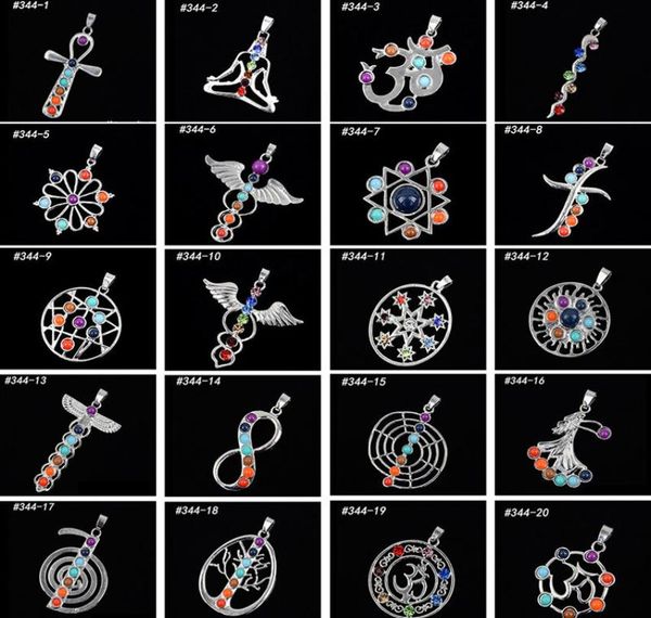 

whole 22 mix style natural crystal gemstone pendant seven chakra religious pendant alloy inlaid gemstone pendant 0123119718, Silver