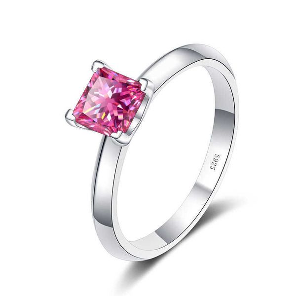 

designer new sterling silver ring female teenager naked four claw 1 claw 2 princess square pink turquoise moissanite, Slivery;golden