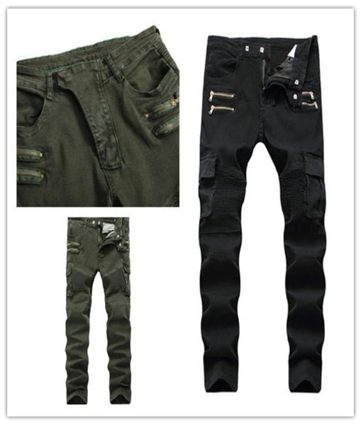 

new arrivals mens designer biker rip zipper cargo pants jeans crinkle damage jeans with broken holes slim legs pants us uk siz7997813, Blue