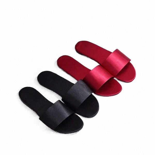 

2023 high qualit women's summer slippers satin simulation silk word drag solid color flat indoor non-slip shoes wedding shoes beach fli, Black