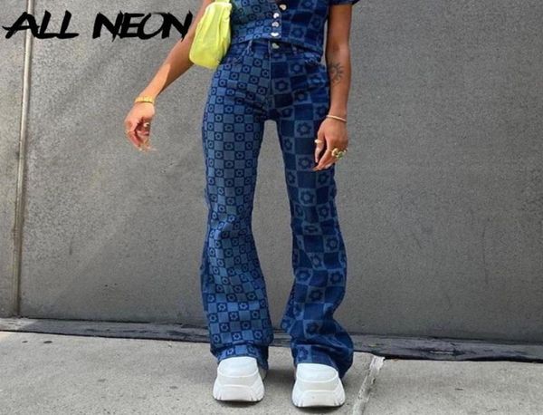 

allneon vintage checkered floral high waist flare jeans egirl 90s fashion print denim baggy pants y2k chic retro trousers mujer3503397, Blue