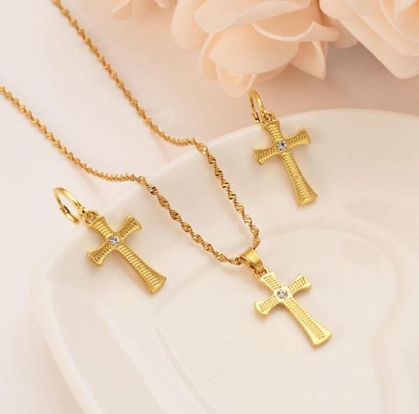 

cross necklace earrings set solid gold gf cz crystal catholic religious wedding bridal jewelry set christmas birthday gift2778280, Silver