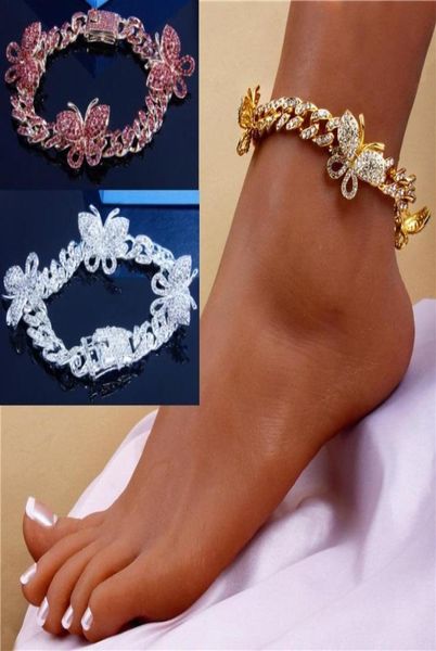

gold silver color pink 3 colors crystals cuban chain butterfly leg chain foot jewelry women anklet summer2745214, Red;blue