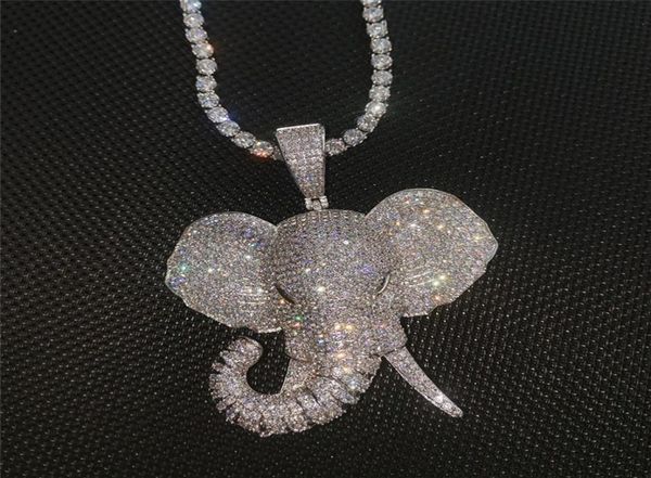 

3d animal elephant pendant necklace iced out full zircon with tennis chain mens bling jewelry2932316, Silver