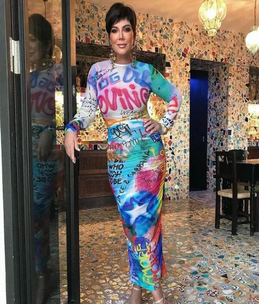 

casual dresses woman long sleeve midi dress letter graffiti printed o neck bodycon sl x215863131904, Black;gray