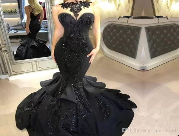 

2022 vintage black sleeveless mermaid evening dresses illusion bodices lace sequins prom gowns ruffles special occasion wear ba7657386220, Black;red