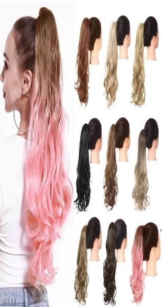 

ombre curly hair ponytail extensions claw fake pony tail tail hairpiece 2020 afro long clip synthetic blonde pink wavy wig7543556, Golden;silver