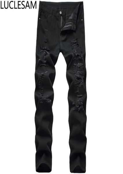 

mens distressed jeans male ripped hole straight denim pants hip hop streetwear high waist trousers men black vintage casual jean7433129, Blue