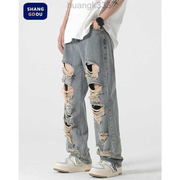 

ripped jeansshanggu men's high street fashion brand big hole jeans men's loose straight tube casual floor dragging pants, Blue
