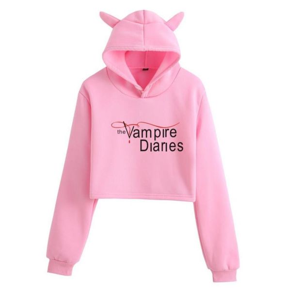 

the vampire diaries crop hoodie women hip hop streetwear kawaii cat ear harajuku cropped sweatshirt hooded pullover 2340002, Black
