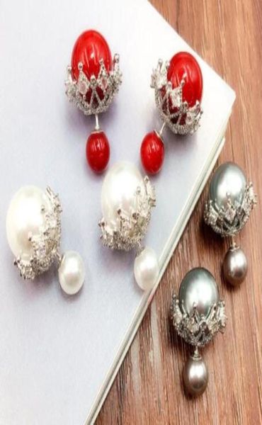 

fashion designer double sided luxury lovely cute zircon pearl earrings for woman girls6116323, Golden;silver