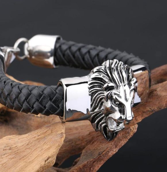 

mens jewlery silver stainless steel lion head with black leather bracelet 20mm4386576