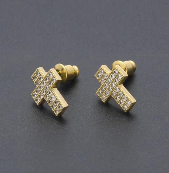 

18k gold bling cubic zirconia cross earring studs mens womens hip hop stud earrings iced out diamond rapper jewelry gifts for bo2322777, Golden;silver
