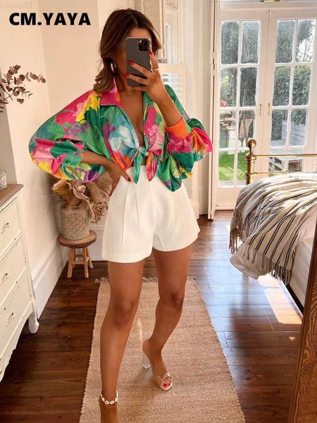 

women's blouses shirts cm.yaya elegant printed women long sleeve single breasted tie hem batwing sleeve shirt 2022 summer street chic, White